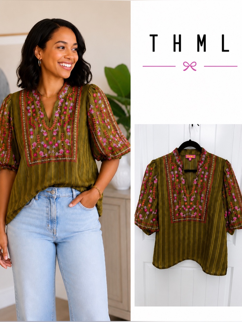 NWOT! THML Olive Embroidered Puff Sleeve Blouse | Pink Floral Embroidery